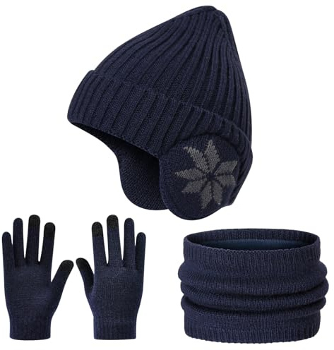 Cheerful Mario 3-8 Año Set de Gorro y Bufanda Niño Invierno Gorro Lana con Orejeras Braga de Cuello Forro Polar Marina-B