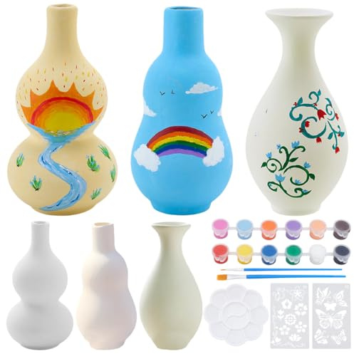 WEBEEDY 3 Sets Ceramic Vases Painting Kit for Adults Beginner Gourd Shaped White Ceramic Pottery Vase with Butterfly Flower Stencils,Paint,Brushes,Palettes Paint Your Own Vase for Party Home Decor