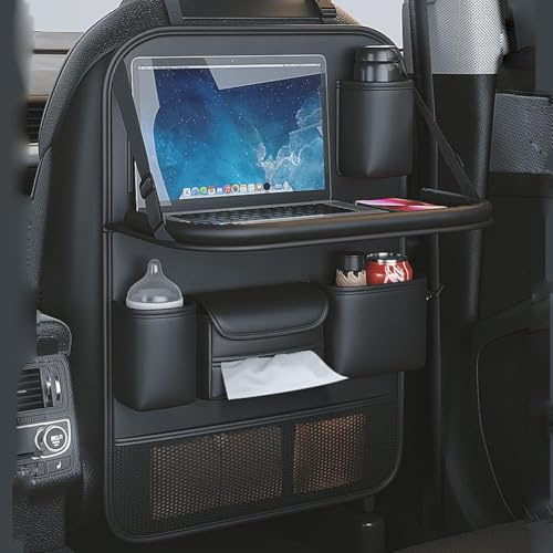 2 Pack Leather Car Backseat Organizer with Foldable Table Tray, Car Storage Organizer with Tablet Holder, Car Seat Back Protectors Kick MatsTravel Accessories