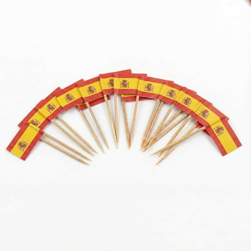 Mobi Lock 120 Piezas Palillos Cóctel con Bandera de España - 6,5 cm (2,5 in) Palitos bambú con Mini Banderas - Palillos de Adorno para Aperitivos y Bebidas