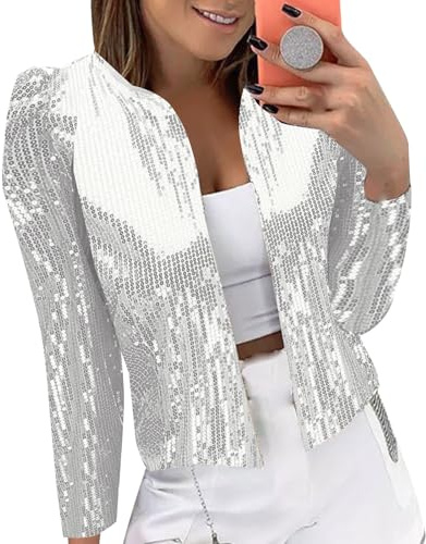 duaicnvow Toppar för kvinnor paljett glittrande skjorta knapp ner krage långärmad blusar överdimensionerad glänsande paljett skjorta påsig lös t-shirt för fest festival klubb bal, SILVER, L