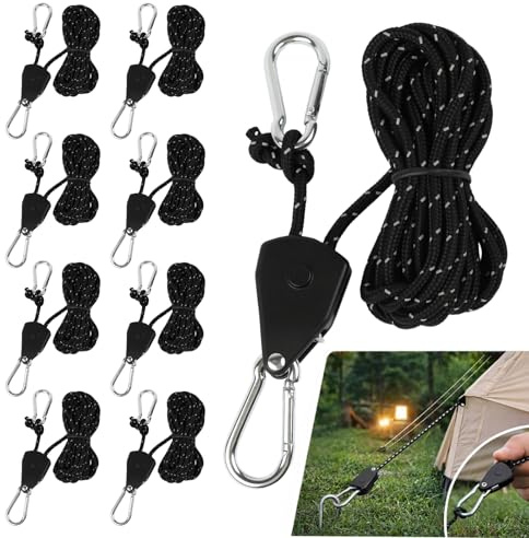 8 stycken 4 m reflekterande bardunlinor för camping med linspännare – tältlina med spännare Ø 4 mm, repratsch, spännlinor för tält, förtält, markis, storm