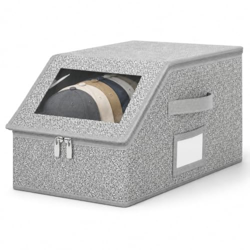 Stackable Baseball Cap Storage Box, Dust-Proof Hat Organizer with Clear Lid | Large Capacity Flip-Top Space-Saving Holder with Carrying Handles for Closet Home Travel (Grey)