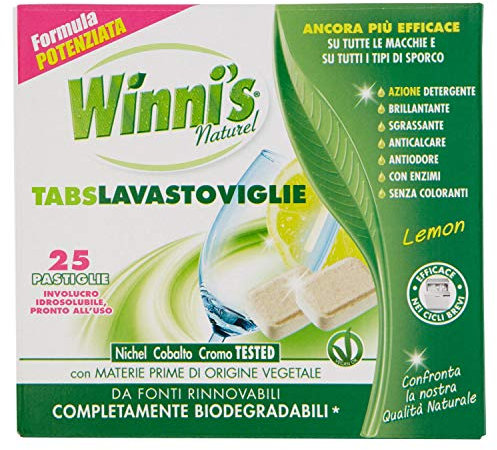 Winni's - Pastiglie per Lavastoviglie, 25 Tabs, Detersivo Multiazione Detergente, Sgrassante, Antiodore e Brillantante, Fragranza di Limone, con Materie Prime di Origine Vegetale