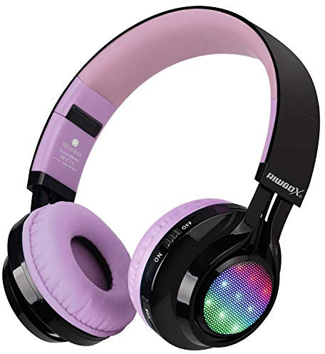 Riwbox Bluetooth Headset, AB005 Wireless Headphones 5.0 with Microphone Foldable Headphones with TF Card FM Radio and LED light for Cellphones and All Bluetooth Enabled Devices (Black&Purple)