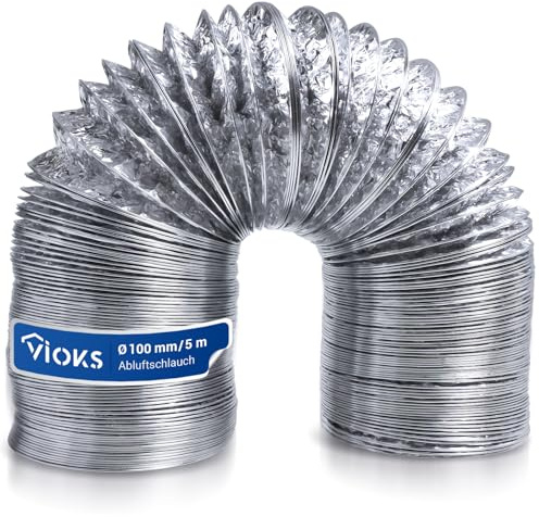 VIOKS Exhaust Hose 5 m Utledningsrörelse, Flexibelt UtledningsHose, Ventilationsöppning: 100 mm, Utledningsrörelselängd: 5 m, Material: Aluminium