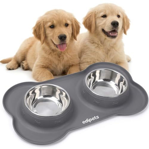 Edipets, Comedero Perro Gato y Mascotas, Bebedero Perro Gatos, Doble Plato Extraíble de Acero Inoxidable, Base de Silicona Antideslizante (Tamaño M - 480 Gr, Gris)
