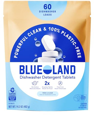 BLUELAND 100% Plastic-Free Dishwasher Detergent Tablets, 60 Count, Free & Clear, Eco-Friendly Dishwashing Pods, Natural, Sustainable