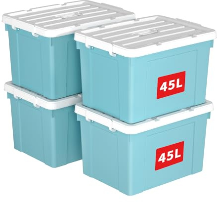 Cetomo 45L*4 Caja de Almacenamiento con Asa, Caja de Plástico con Tapa y Cierre Seguro, Contenedor de Almacenamiento Grande, Duradera, Apilable, Resistentes, Azul, Paquete de 4 de 45L