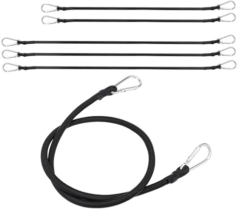NGOSUET - Set di 6 elastici con gancio, 1 m, 1,5 m, con moschettone, 10 mm, spessore nero, cavo di tensione con gancio, cinghie di tensione per campeggio, teloni, moto