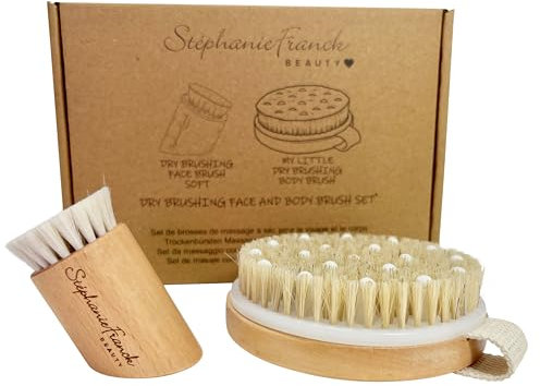Stephanie Franck Beauty Trockenbürsten Set Gesicht & Körper – Massagebürsten aus Kirschbaumholz & Buchenholz, Ziegenhaar - Naturborsten – für Dry Brushing, Lymphdrainage, Cellulite und sanftes Peeing