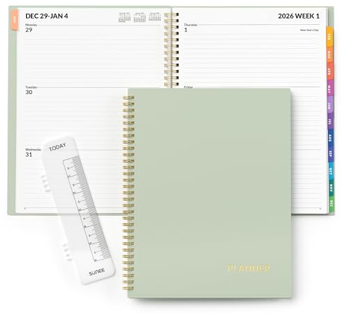 SUNEE 2026 Weekly and Monthly Planner - from January 2026 - December 2026, Daily Agenda Planner with Monthly Tab, Flexible Cover, Note Pages, Pockets, Bookmark, Spiral Binding, Sage Green, 8.5x11