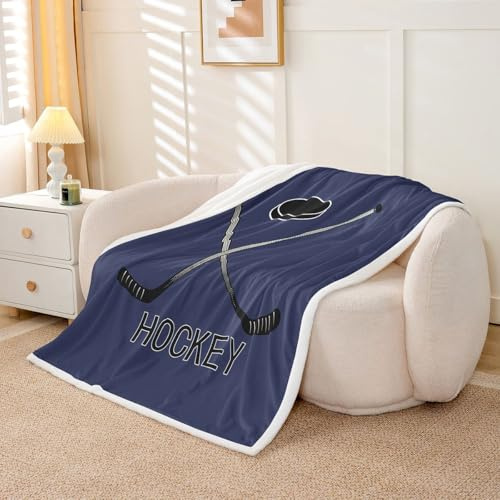 Ice Hockey Fleece Blanket for Boys, Ice Hockey Stick Sherpa Blanket 40X50 Winter Sports Games Throw Blanket Puck Soft Microfiber Plush Bed Blanket for Kids Teens Adult Bedroom Decor, Dark Blue