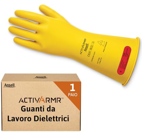 Ansell ActivArmr Elektriker-Schutzhandschuhe, Elektroschutz Klass 0 (1000V), Elektrisch Isolierende Gummihandschuhe, Professionelle Arbeitshandschuhe 36cm, Gelb, Größe L (1 Paar)