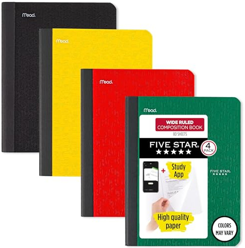 Five Star Composition Book + Study App, 4 Pack, Wide Ruled Paper, 7-1/2 x 9-3/4, 80 Sheets, Forest Green, Tidewater Blue, Fire Red and Harvest Yellow (950033B-ECM)