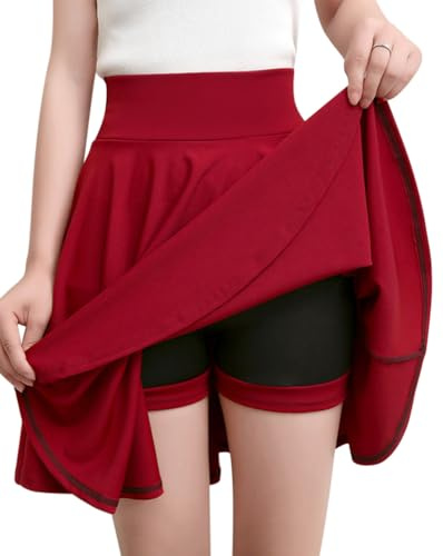Minetom Femmes Rétro Jupe Basique Plissée Patineuse Fille Elastique A-Ligne Court Mini Jupe Stretch Taille Haute Jupe avec Short A1 Vin Rouge XXL