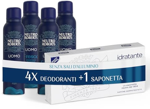 Neutro Roberts Deodorante Spray Uomo Essenza Marina, Con antiodore, Zero Sali di Alluminio, Zero Macchie, Con Puro Olio di Glicerina, Dermatologicamente testato, 48h - 4 Pezzi da 150 ml