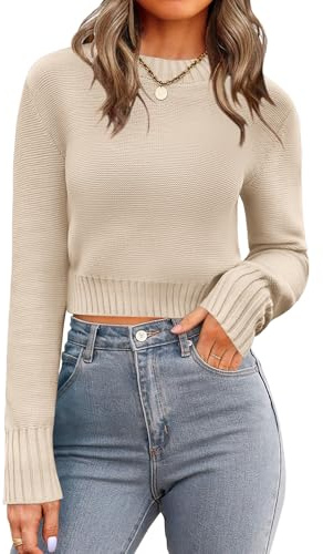 Zeagoo Women's 2025 Fall Crewneck Cropped Sweater Trendy Long Sleeve Ribbed Knit Pullover Jumper Tops Beige