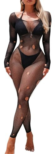 Buitifo Lingerie for Woman Sexy Bodysuit Fishnet Bodystocking Mesh Tights Sheer Jumpsuit(Black pd,One Size)