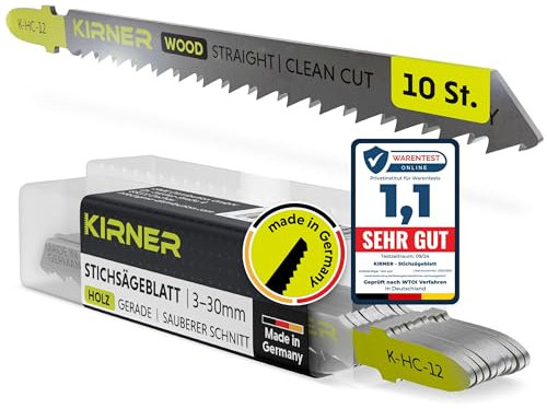 KIRNER Hojas de sierra de calar de madera, 10 unidades, hasta 5 veces más cortes, corte extremadamente fino y recto (3-30 mm) en madera y plástico, para todas las sierras de calar de vástago T, hoja