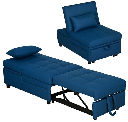 HOMCOM Fauteuil Convertible 1 Place Fauteuil lit chauffeuse 1 Place Multifonction 3 en 1 avec Dossier réglable, siège rembourré et Oreiller, canapé-lit pour Salon, Chambre, Bureau à Domicile, Bleu