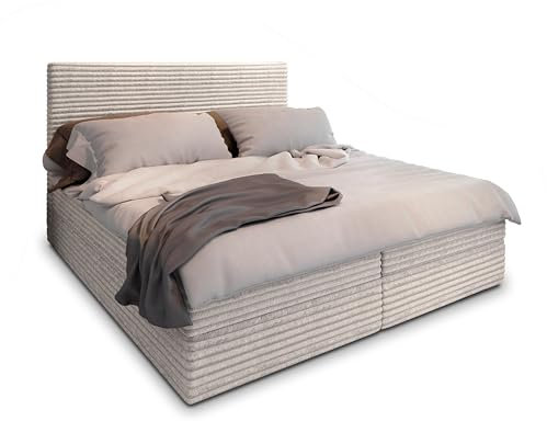 Masseno Boxspringbett PISA 160x200 cm Komplett-Set mit Matratze und Topper, Polsterbett mit Zwei Bettkästen -Creme, TILIA 03