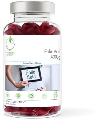 VYTALINE Folic Acid 400mcg Gummies - Prenatal Supplement for Women - 60 Natural Berry Flavoured Vitamin B9 - Folate Contributes to Maternal Tissue Growth During Pregnancy - Made in UK