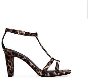 BOSANOVA Sandalias de Fiesta con Estampado Animal para Mujer, Detalle de Tira en T al Empeine y tacón en Bloque. Cierre de Pulsera con talonera Cerrada. Calzado para Mujer Leopardo 41