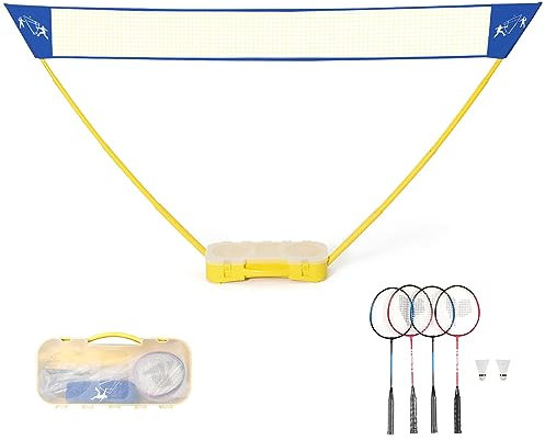 COSTWAY Badminton Set mit Netz, 300 x 150 cm Federballnetz tragbar für 4 Spieler, Tennisnetz mit 4 Schlägern, 2 Federbällen & Stand, Volleyballnetz Outdoor für Garten, Strand