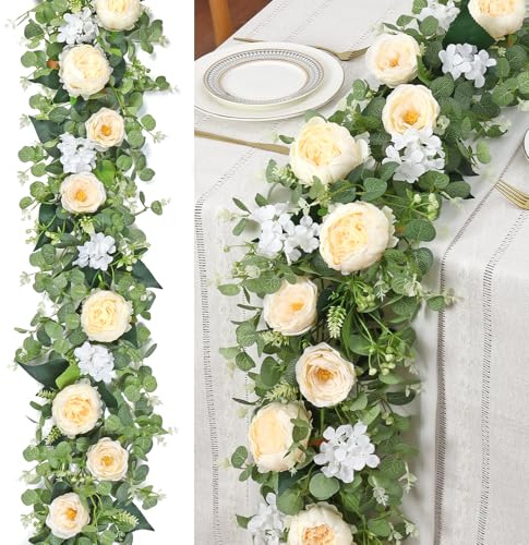 Betylifoy Guirnalda de Eucalipto Artificial con Flores de 180 cm Peonías 2 Guirnaldas de Vegetación Falsas Guirnalda Floral para Decoración de Centros de Mesa de Boda Fiesta (2 Rosa) (Champán)