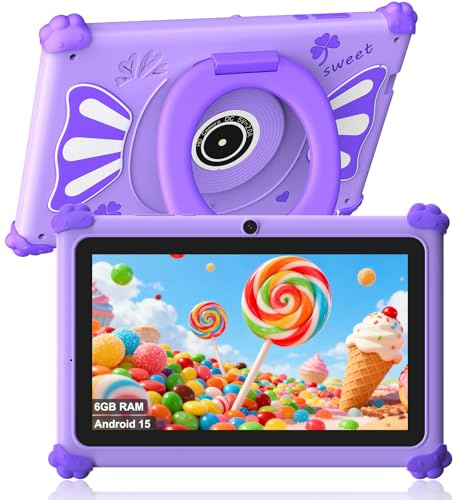 ascrecem Tablet Bambini 7 Pollici Android 15 Tablet per Bambini con 2.4G+5G WiFi6 Penta Core 6GB RAM 32GB ROM Tablets Bambina Doppia Fotocamera 128GB Espandibile Controllo Parentale (Viola)