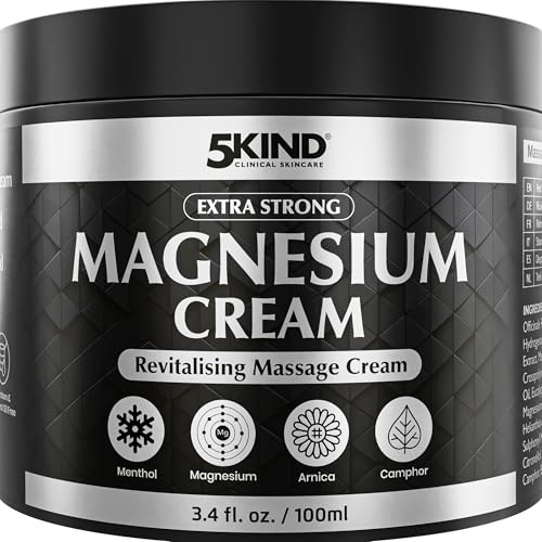 5Kind Extra Strong Magnesium Cream 100ml - Magnesium Cream for Muscles, Joints, Lower Back, Knee, Neck, Shoulder, Hip & Feet - Infused with Arnica, Eucalyptus, Comfrey, Menthol & Hemp Oil