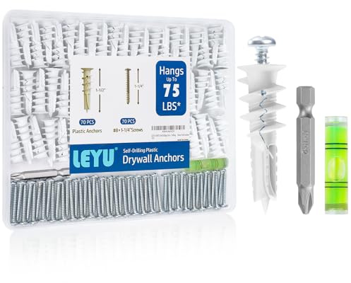 LEYU 140PCS Self Drilling Drywall Anchors and Screws Kit #8 x 1-1/4”, Heavy Duty Sheetrock Anchors for Hanging Shelves,Picture Frames,Curtains, No Pre-Drilling, Plastic Dry Wall Anchors