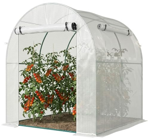 Outsunny Serre en film plastique avec fenêtre et porte enroulables, fenêtre en filet de protection UV, tunnel en film, serre à tomates résistante à l'hiver pour jardin, balcon, 1,8 x 1,8 x 2 m, blanc
