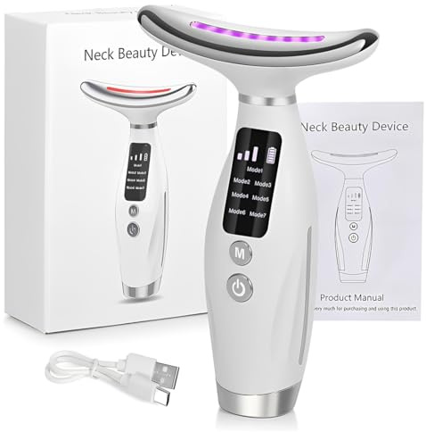 LAKPYN Ansiktsmassageapparat anti-rynkor och lyft – 6 lägen och 7 färger LED-ljusterapi – EMS mikroströmsapparat för ansikte och hals – 45 ℃ värmemassage och hudåtstramning – 4 intensitetsnivåer
