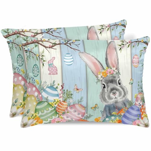 Happy Easter Satin Pillowcase for Hair and Skin with Zipper, Soft Breathable Cooling Silk Pillow Cases, Spring Bunny Colorful Eggs Wooden Grain Throw Pillow Covers Standard Size 20x26 Set of 2