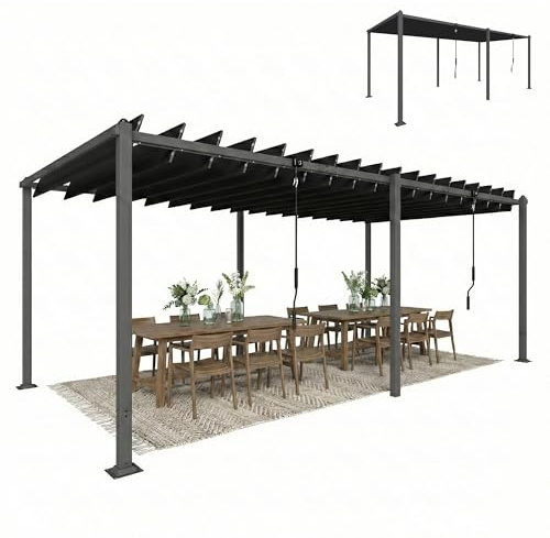 Outsunny Pérgola de Jardín 3x5,7 m, Cenador de Jardín con Techo de Lamas Ajustable a 90°, Manivela, Estructura de Aluminio, Protección UPF50+, Pabellón para Exterior, Patio, Terraza, Gris Oscuro