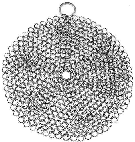 TOPULORS 316 Stainless Steel Cast Iron Skillet Cleaner Scraper Chain Link Chainmail Scrubber for Pre-Seasoned Griddle Pans, Griddles, BBQ Grills and More Cookware - Round 7 in Diameter