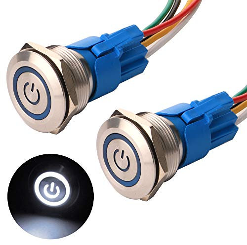Gebildet 2Piezas 22mm Enclavamiento Pulsador de Botón Metálico Interruptores Acero Inoxidable Impermeable Plana Top ON/Off 12V-24V 5A Pulsador con Enchufe de Cable(LED Blanco)