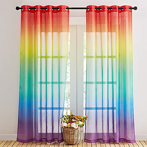 NICETOWN Voile Gardinen Halbtransparent Ösenschal 2er Set H 220 x B 140 cm Fenster Vorhang Farbverlauf für Kinderzimmer Dekoschals Leinenoptik Curtains mit Ösen, Regenbogen