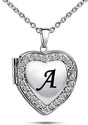 KunBead Jewelry Heart Love Crystal Girls Locket Necklace for Pictures Nice Name Letter A Initial Necklace Silver