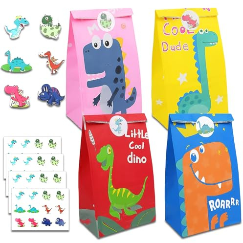 Flintronic 20PCS Bolsas de Regalo de Papel, con 24 Pegatinas de Dinosaurios (2 Piezas), Bolsas Kraft para Dulces, Fiesta Infantil, Celebraciones,Cumpleaños,Halloween,Navidad