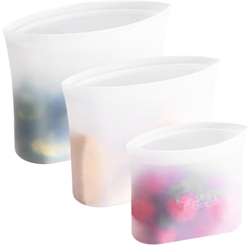 Winrock Bolsa de almacenamiento de alimentos de silicona reutilizable, para microondas, horno, nevera, congelador y recipientes sellados con cremallera Sous Vide (tamaño 3: 58 onzas, 32 onzas, 18