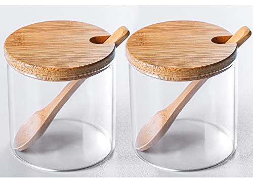 Glass Condiment Canister Pots Set, Salt Sugar Spice Storage, 10oz, 2 PCS