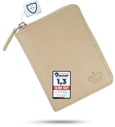 Baur Damen Geldbörse – Echtes Leder mit RFID-Schutz – Kleines Portemonnaie mit 6 Kartenfächern – Druckknopfverschluss & Münzfach mit Reißverschluss (Taupe)