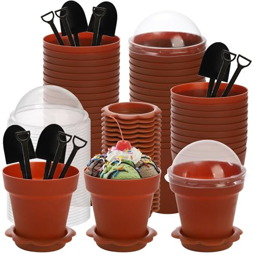 ZEAYEA 50 Pack Dessert Cups With Lids and Spoons, 6.7 oz Plastic Parfait Appetizer Cups, Cute Mini Flowerpot for Ice Cream, Dirt Cake, Fruit Trifles, Pudding, Yogurt, Mousse, Chocolate Dessert