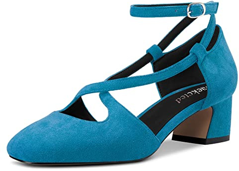Saekcted Femmes Mi Bloc Chunky Talon Heel Carré Bout Escarpins Lanières Croisées Lanières Cheville Boucle Party Cute Chaussures Bleu Suède A 37 EU