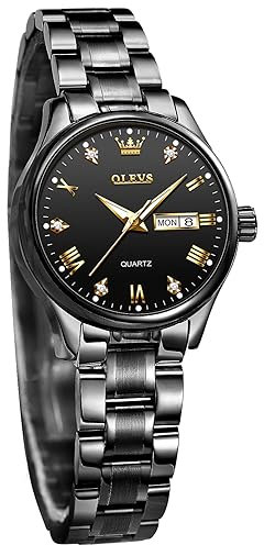 OLEVS Damenuhr Analog Quarz Armbanduhren mit Diamant Kleines Gesicht Schwarz Edelstahlband wasserdichte Day Date Uhr