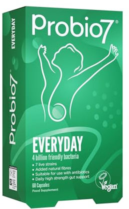 Probio7 Everyday Probiotics for Gut Health | 7 Live Strains, 4 Billion CFU, 2 Types of Natural Fibre | Daily Gut Health Support - 60 Capsules (2 Months Supply)