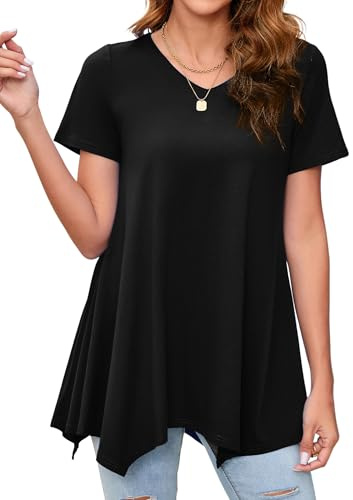 Enmain Tunique Noir Femme Longue Ete Grande Taille Col V à Manche Courtes Chemisier Blouse Top Chic et élégant Tuniques à Couleur Unie Haut Ample pour Femmes,Noir,XXL